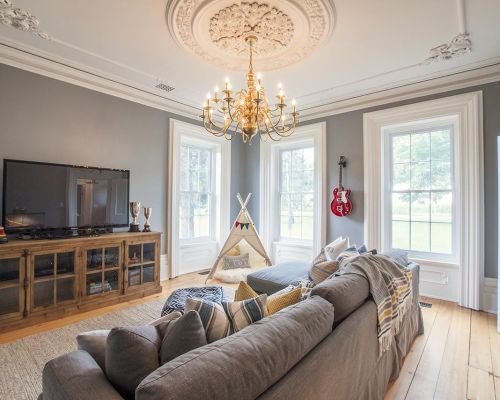 Family room drywall ceiling specialty crown molding Southern Ontario